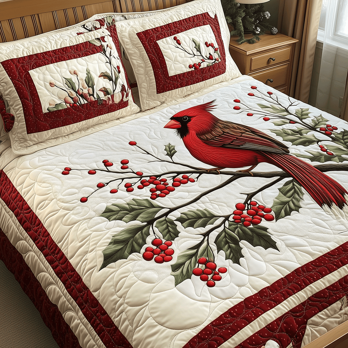 Red Cardinal Serenity 3-Piece Quilted Bedding Set - Single (59" x 70")