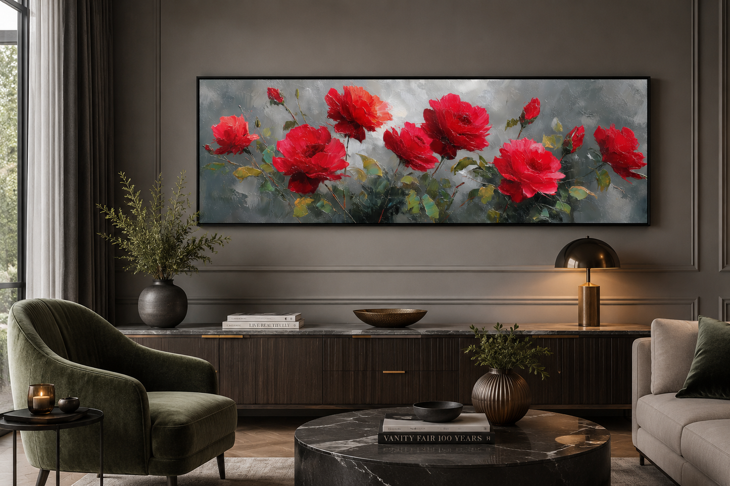 Red Grey Horizontal Roses Framed Canvas Wall Art