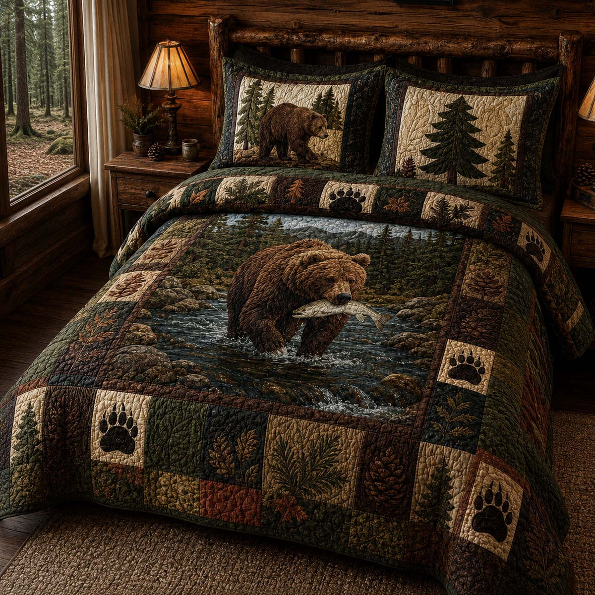 River Catch Bear 3-Piece Quilted Bedding Set - Single (59" x 70")