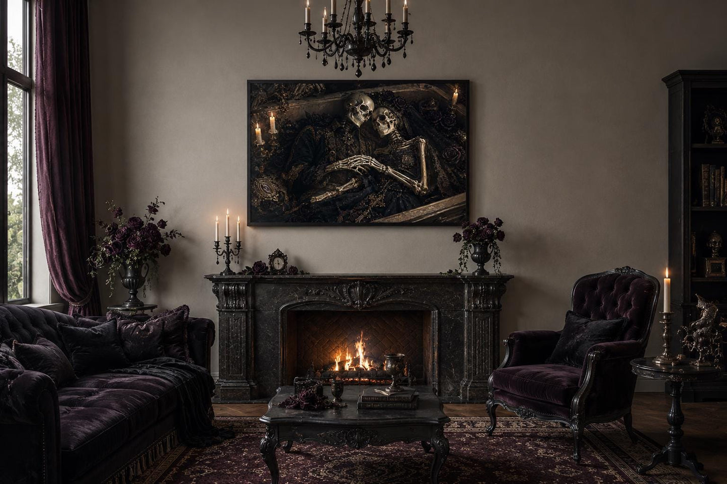 Romantic Gothic Skeleton Couple Artwork in Ornate Coffin Canvas
