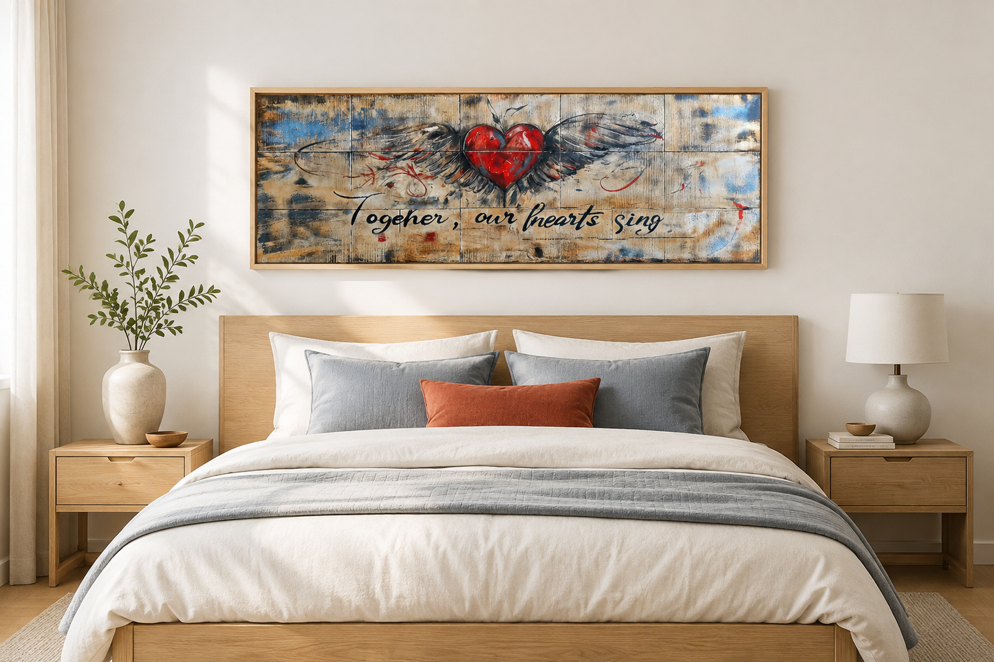 Rustic Over Bed Couples Bedroom Sign, Together Our Hearts Sing Wall Art