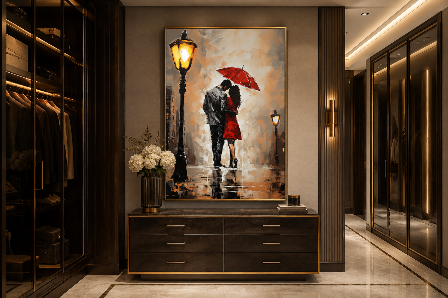 Couple In Love In The Rain Under Umbrella Romantic Framed Canvas Wall Art