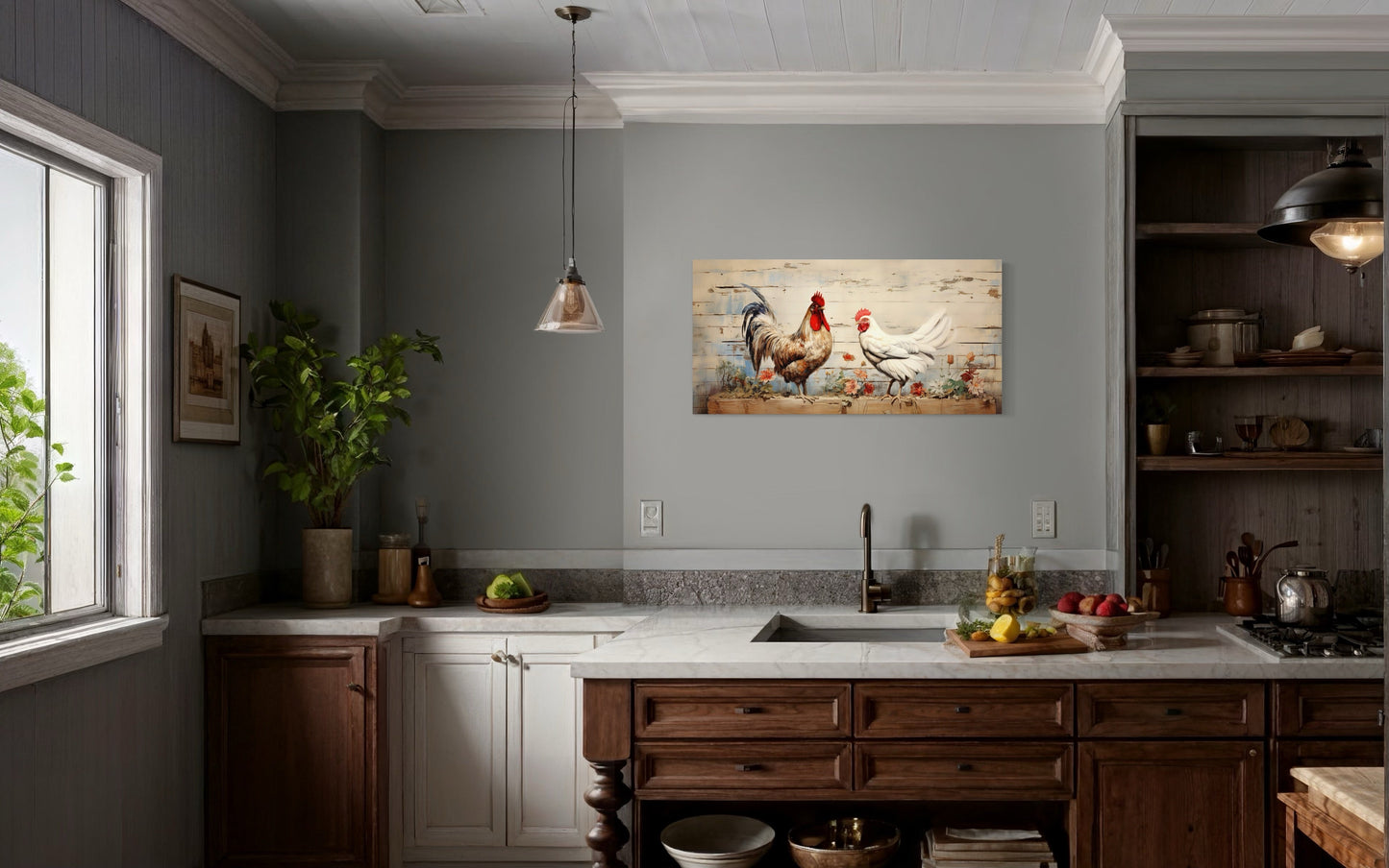 Rooster And Hen At Chicken Farm Farmhouse Framed Canvas Wall Art