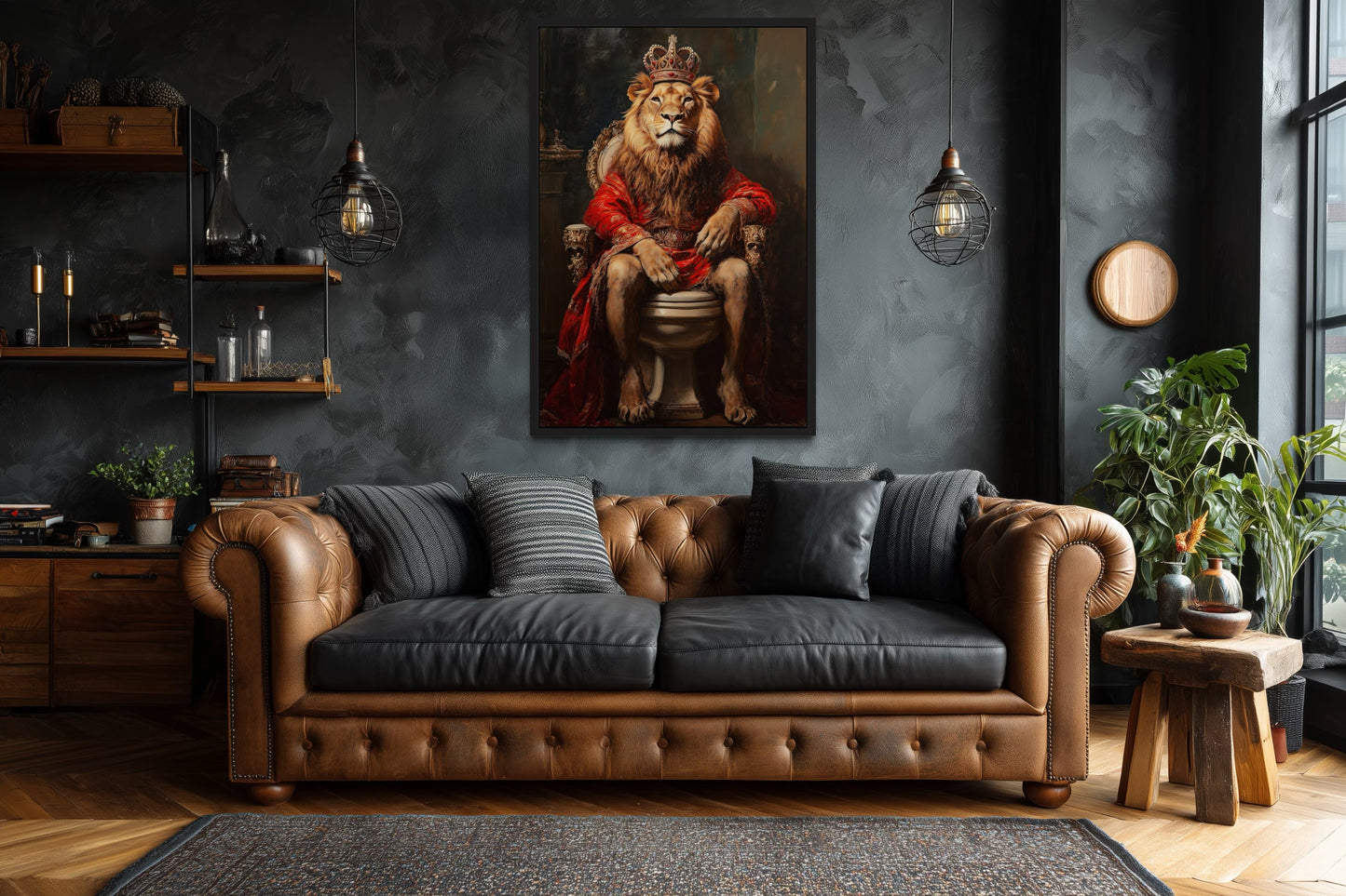 Royal Lion With Crown Sitting on Toilet Framed Canvas Picture