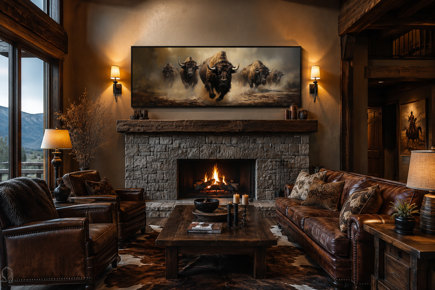 Herd of Running Bison Long Thin Horizontal Framed Canvas Wall Art For Mens Office