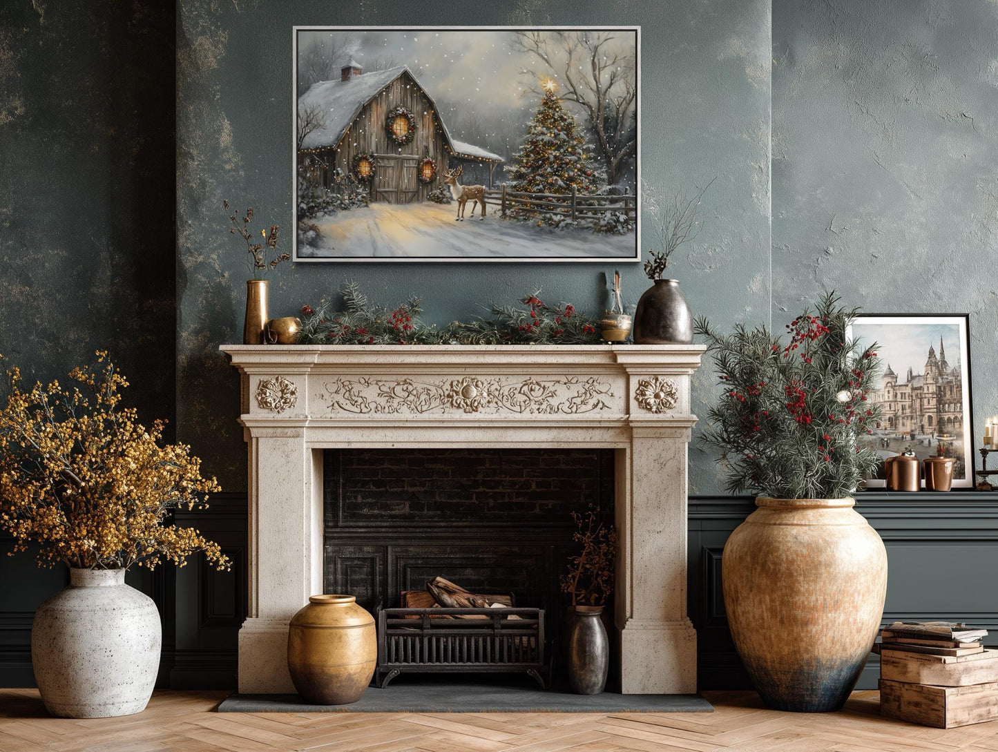 Rustic Christmas Barn with Reindeer And Christmas Tree Wall Art