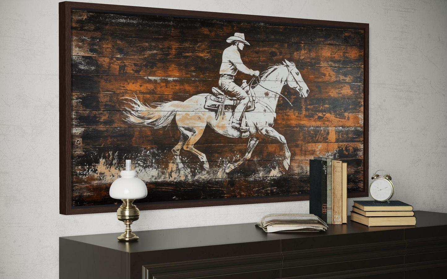Rustic Cowboy On Horse On Wood Planks Canvas Wall Art