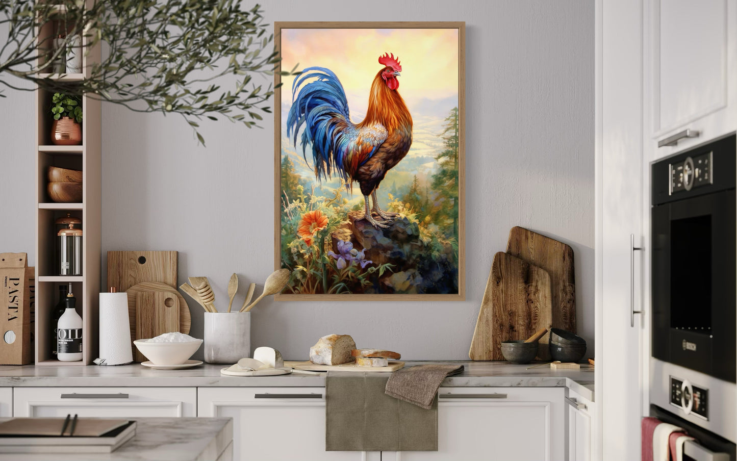 Rustic Farm Rooster Painting Framed Kitchen Wall Decor Canvas Wall Art