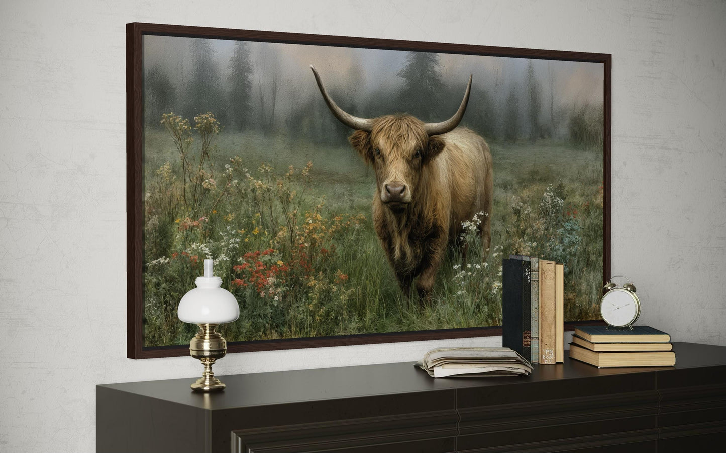 Rustic Highland Cow Art - Vintage Nature Painting on Stretched Canvas Print