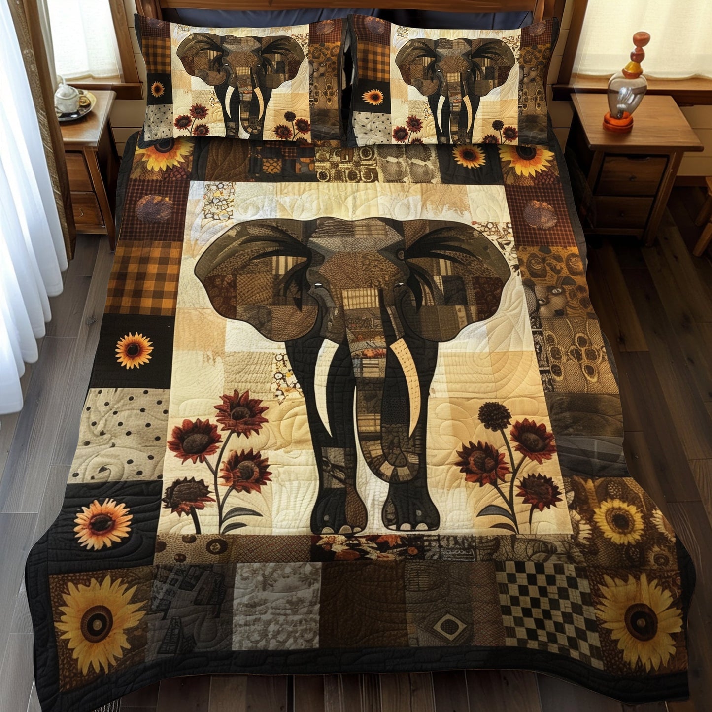 Single (59'' x 70'') /Rustic Sunflower Elephant 3-Piece Quilted Bedding Set