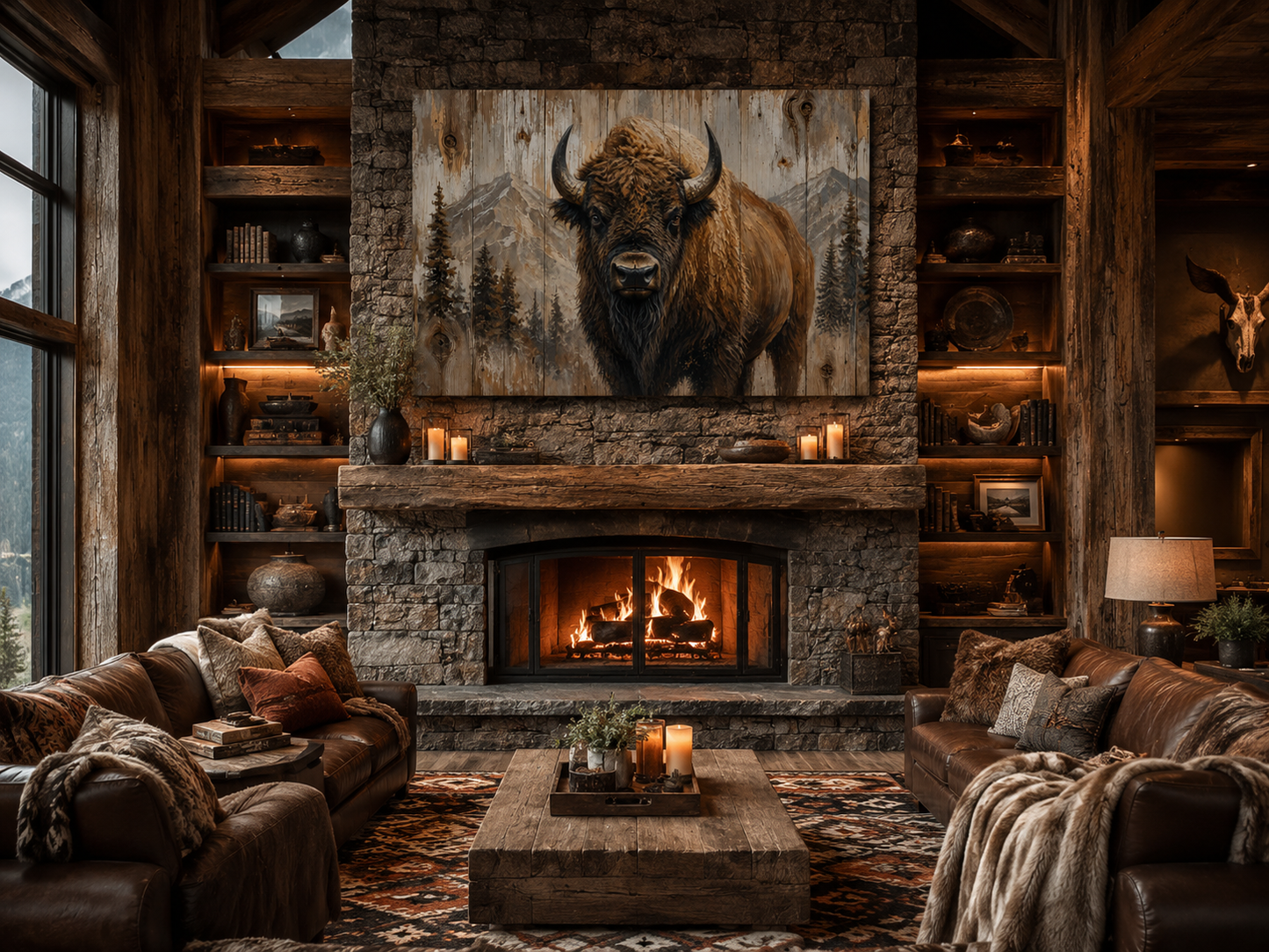 American Buffalo Portrait On Wood Rustic Framed Canvas Wall Art For Western Cabin Decor