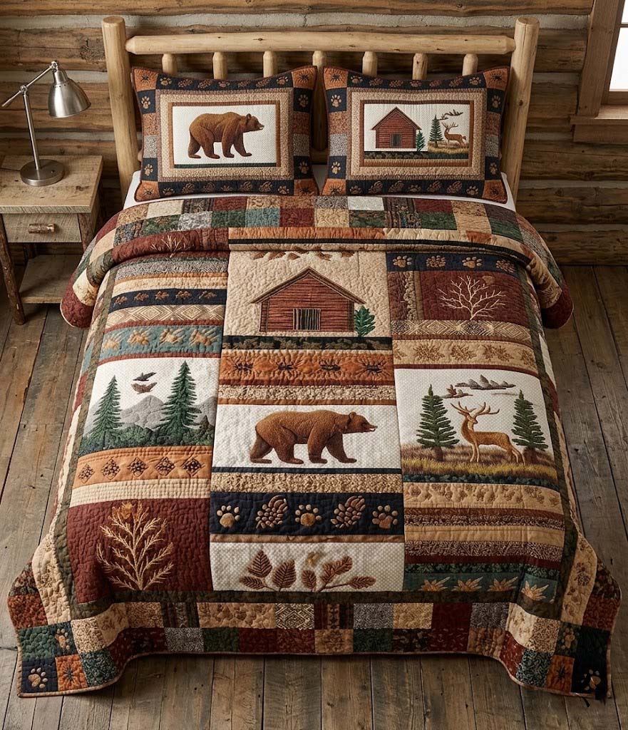 Rustic Bear Lodge 3-Piece Quilted Bedding Set - Single (59" x 70")