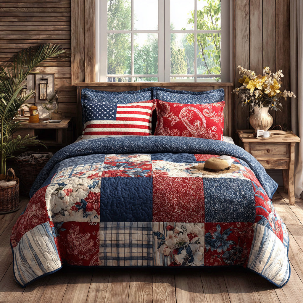 Rustic Flag Floral 3-Piece Quilted Bedding Set - Single (59" x 70")
