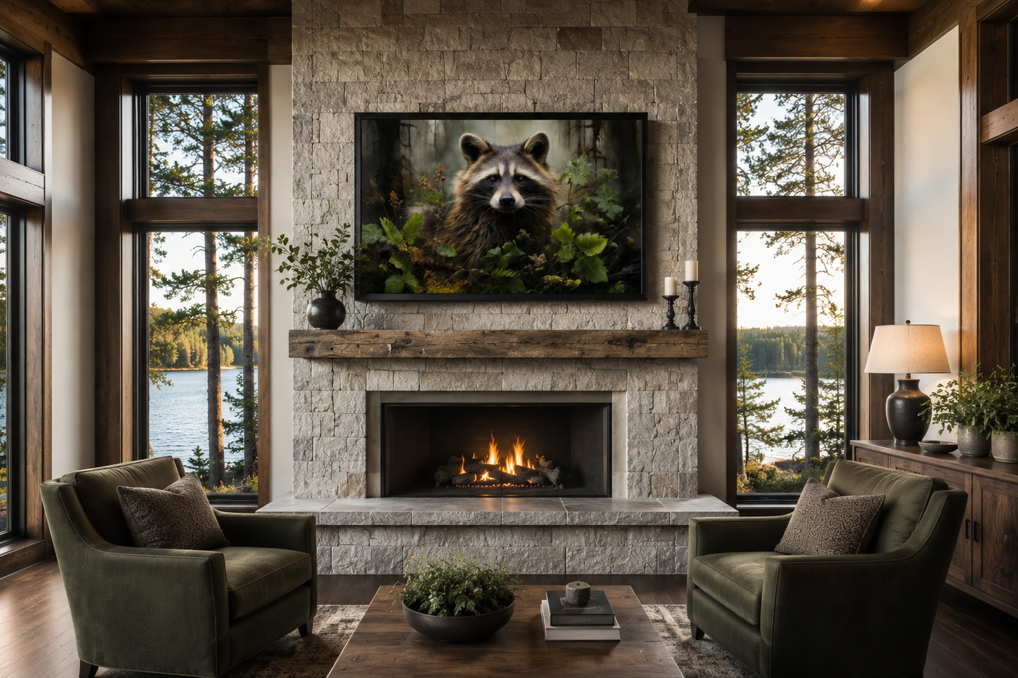 Cute Raccoon In The Forest Framed Canvas Wall Art For Cabin Wall Decor