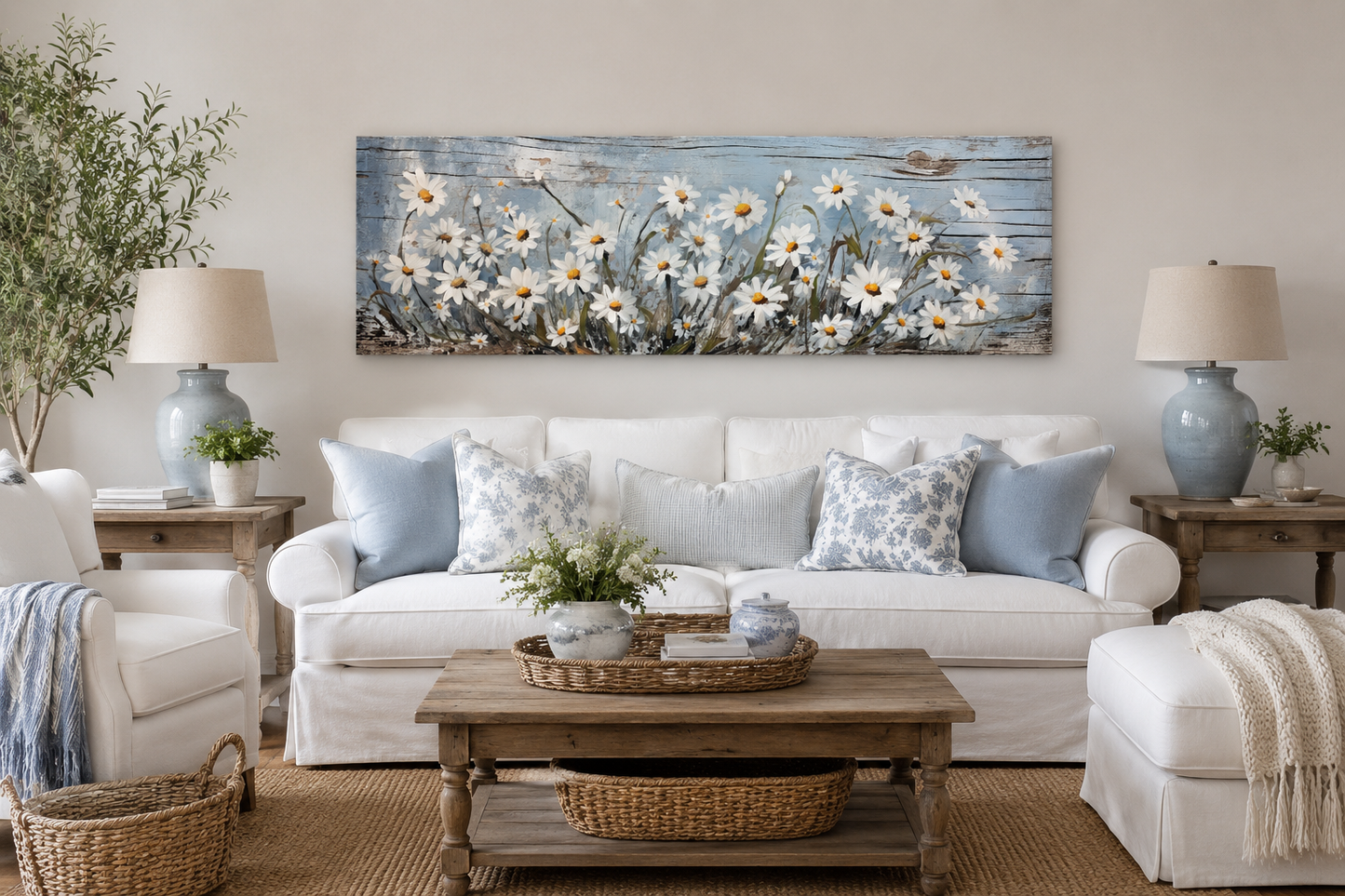 Rustic White Wildflowers Daisies Painted on Wood Long Horizontal Wall Art Above Bed