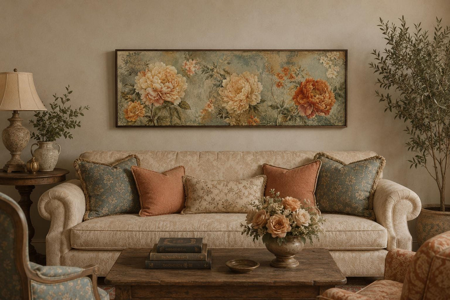 Sage Green Orange Peony Vintage Framed Floral Tapestry Above Bed Wall Art