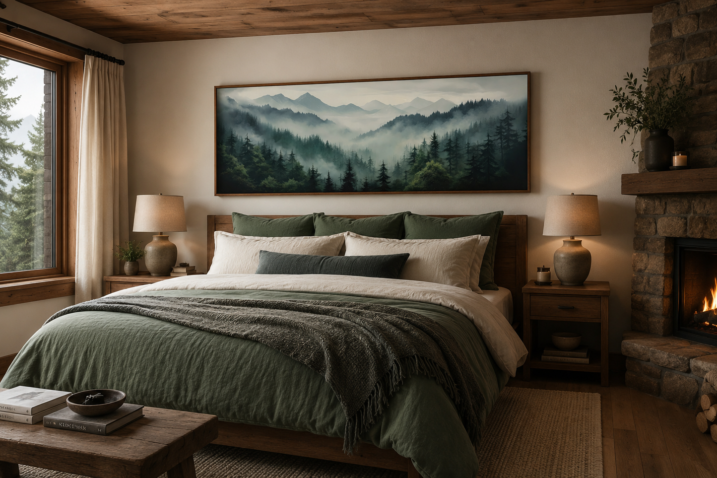 Sage Green Moody Foggy Pine Forest Mountains Landscape Above Bed Wall Art