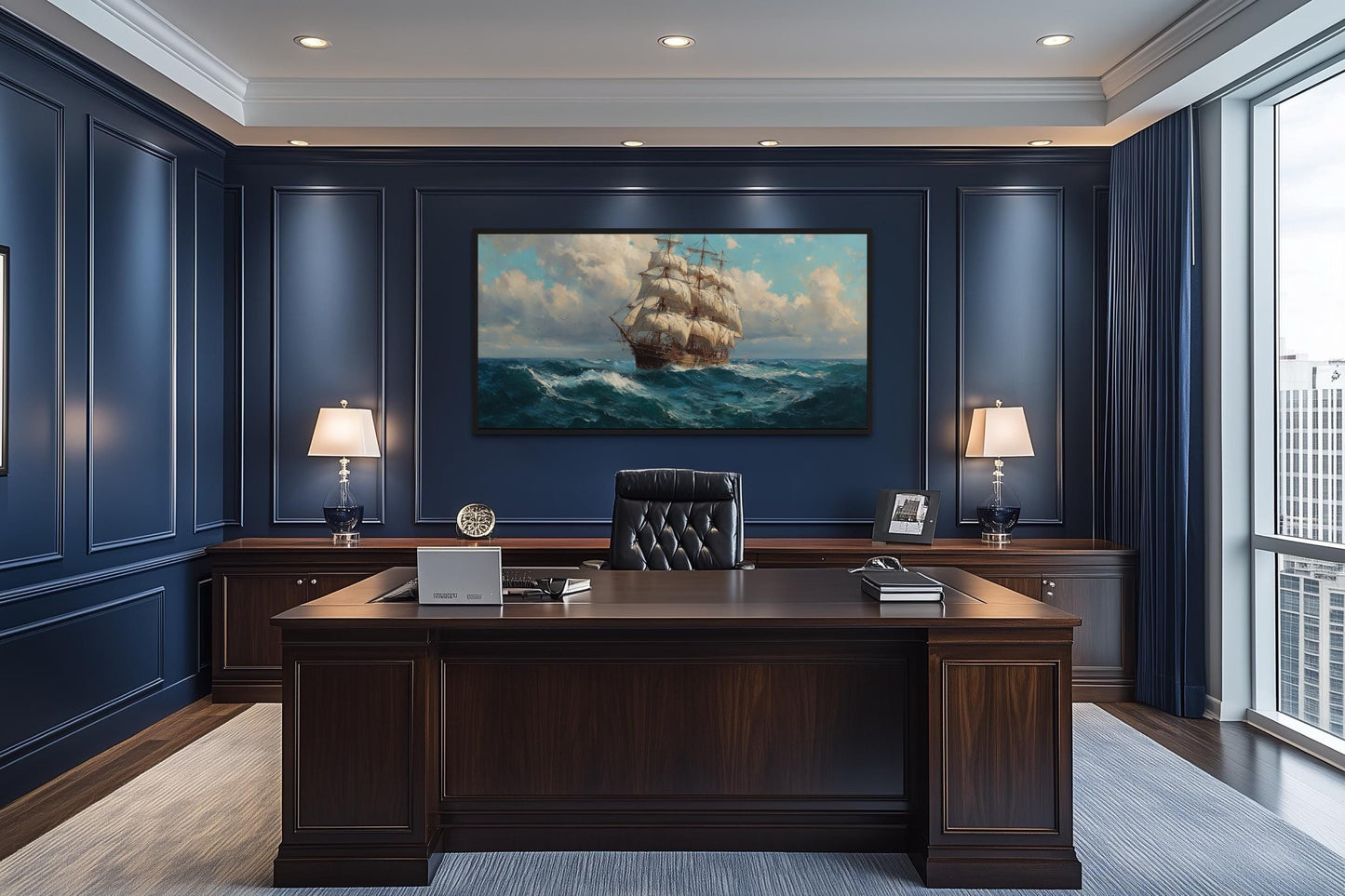 Sailing Ship In Stormy Ocean Framed Canvas Wall Art