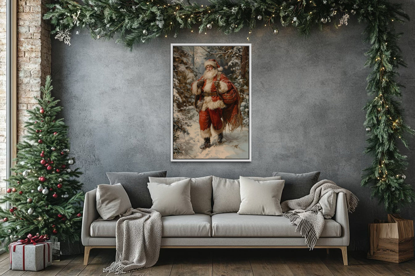 Santa In The Forest With Bag Of Gifts Framed Canvas Wall Art