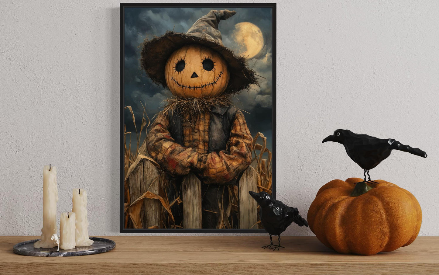 Scarecrow Rustic Pumpkin Head in Cornfield with Full Moon Halloween Wall Art