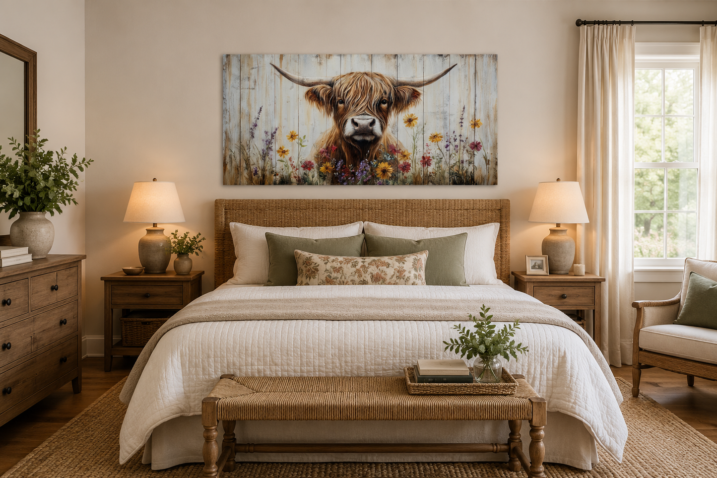 Highland Cow Wall Art – Rustic Farmhouse Decor Floral Canvas Print for Living Room