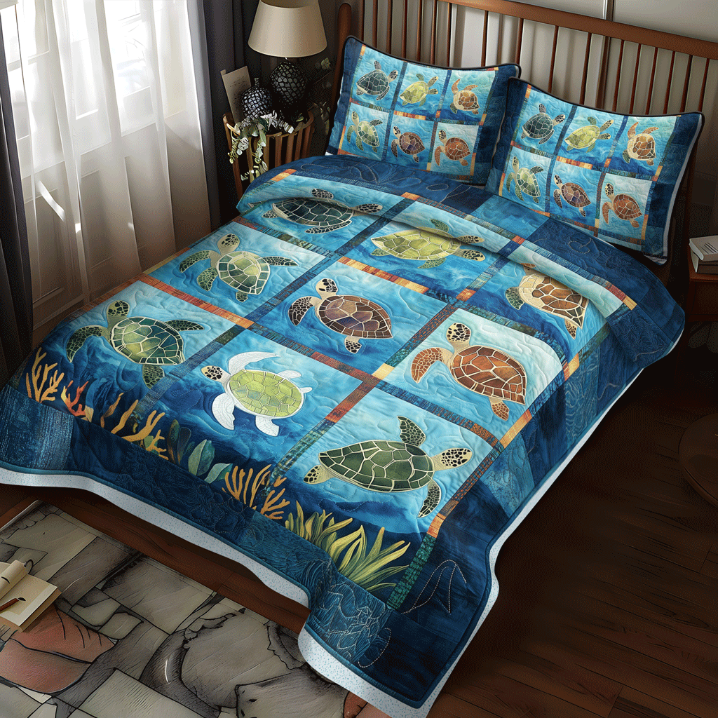 Sea Turtle Treasure 3-Piece Quilted Bedding Set - Single (59" x 70")