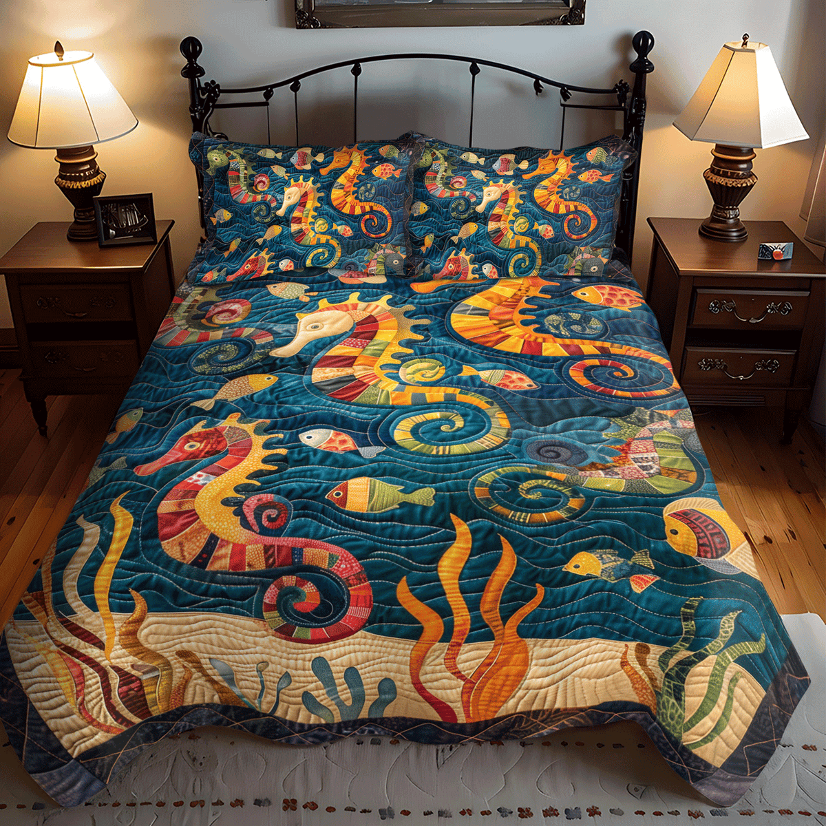 Seahorse Splash 3-Piece Quilted Bedding Set - Single (59" x 70")