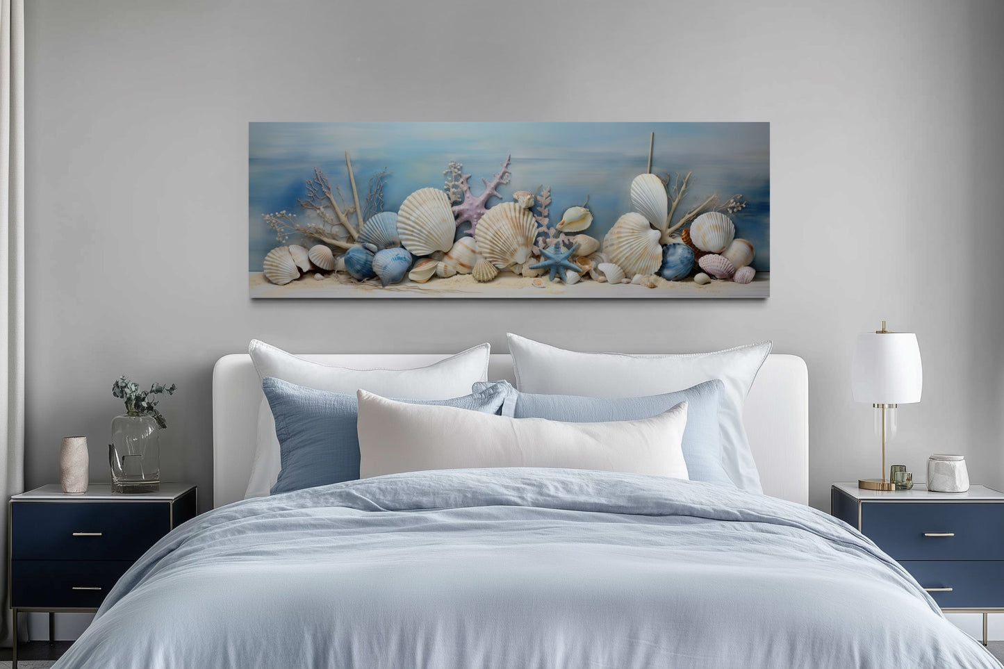 Coastal Wall Art Seashells In Sand Panoramic Canvas For Above Bed Wall Decor