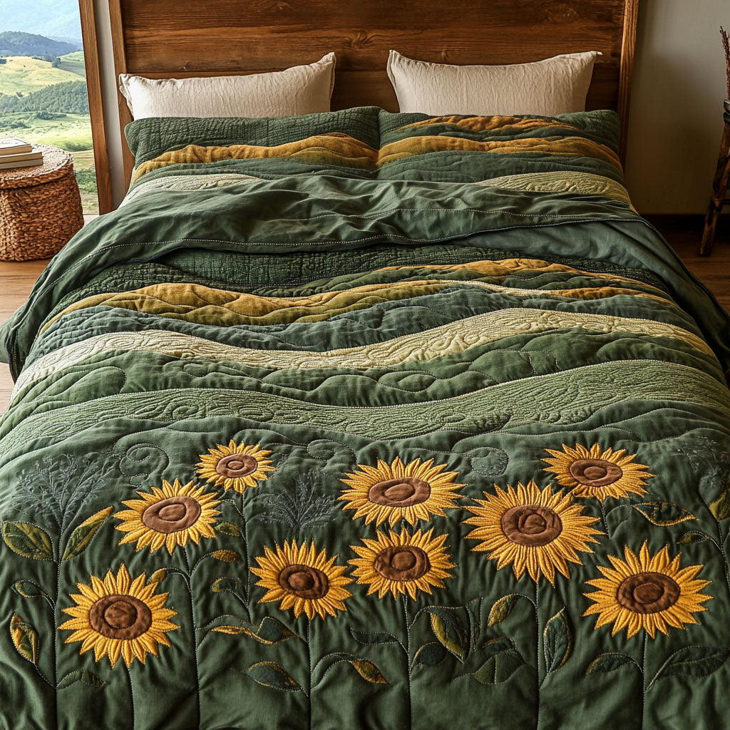 Serene Sunflower Meadow 3-Piece Quilted Bedding Set - Single (59" x 70")