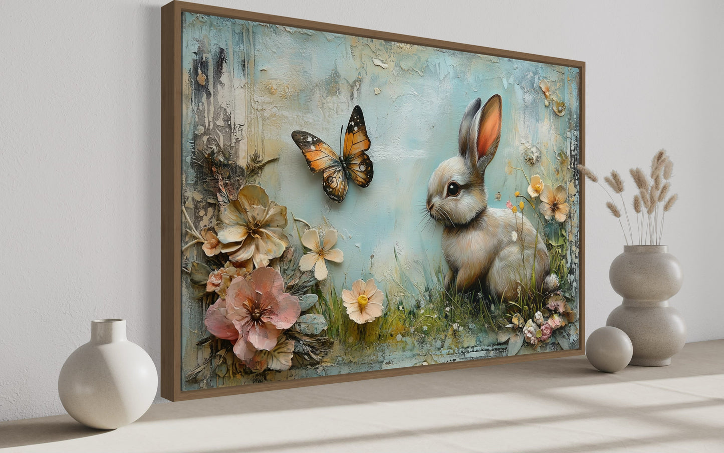 Shabby Chic Bunny In Floral Meadow Farmhouse Wall Art