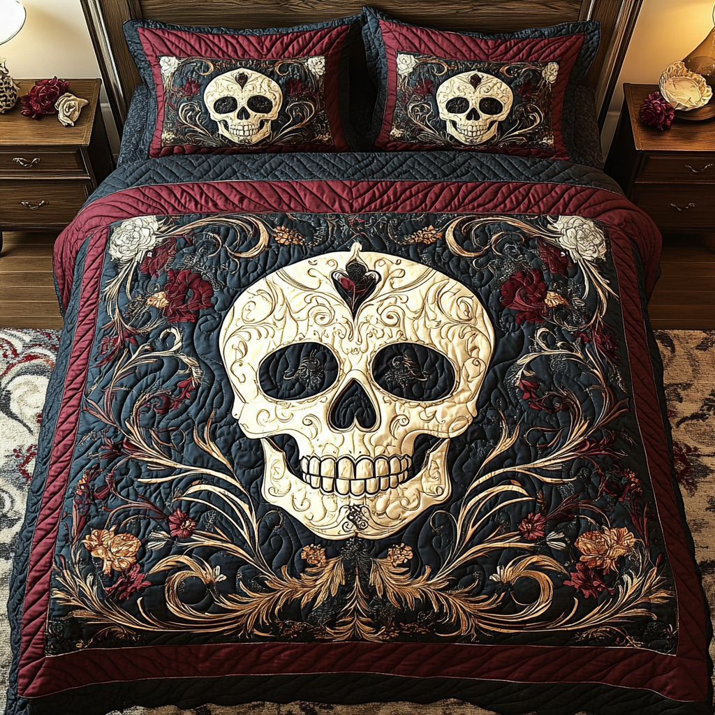 Shadowed Roses Skull 3-Piece Quilted Bedding Set - Single (59" x 70")