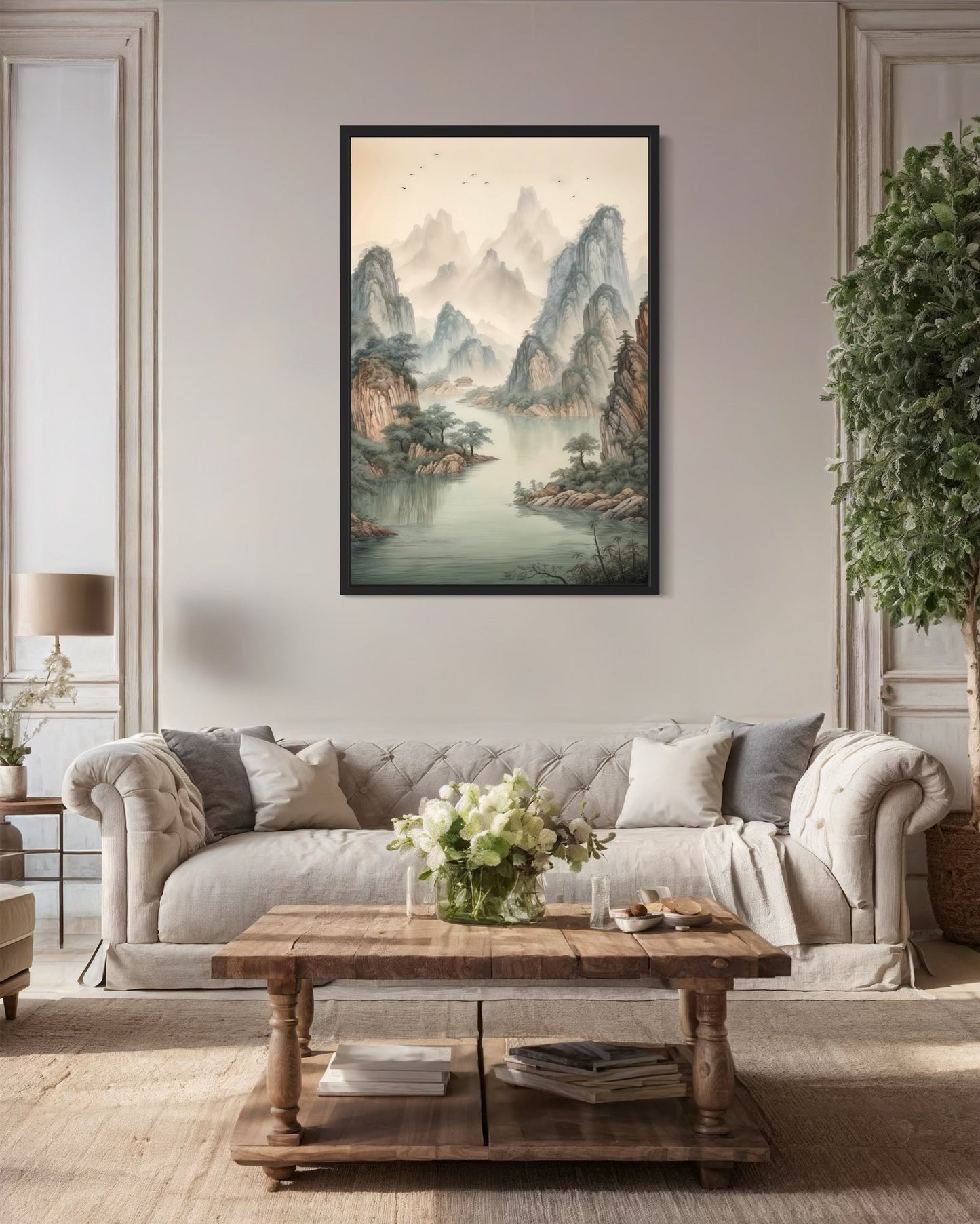 Shan Shui Hua Canvas Wall Art Traditional Chinese Mountains River Landscape -Zen Decor