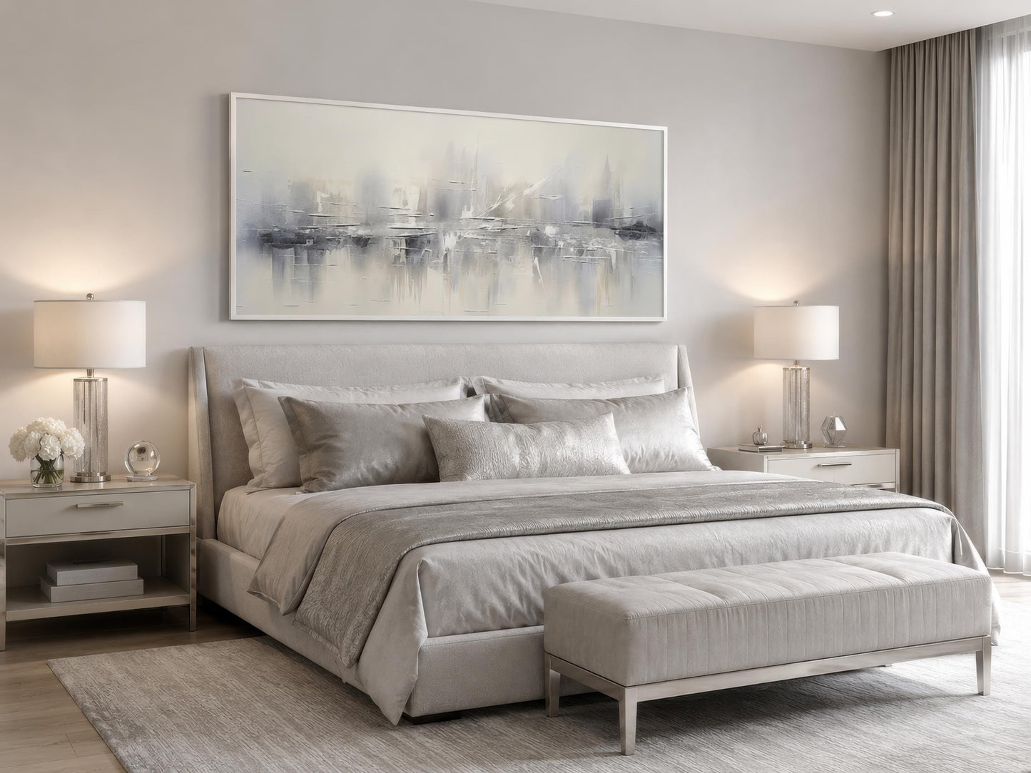 Silver Grey and White Abstract Wall Art For Above Couch Living Room