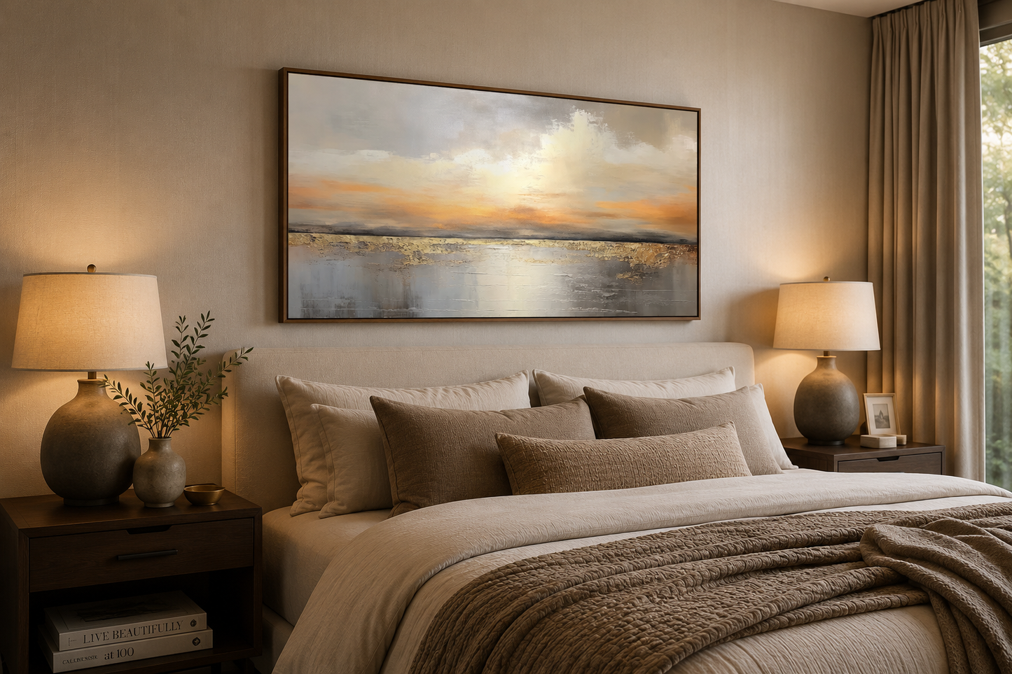 Silver Gold Abstract Ocean Sunset Living Room Framed Canvas Wall Art