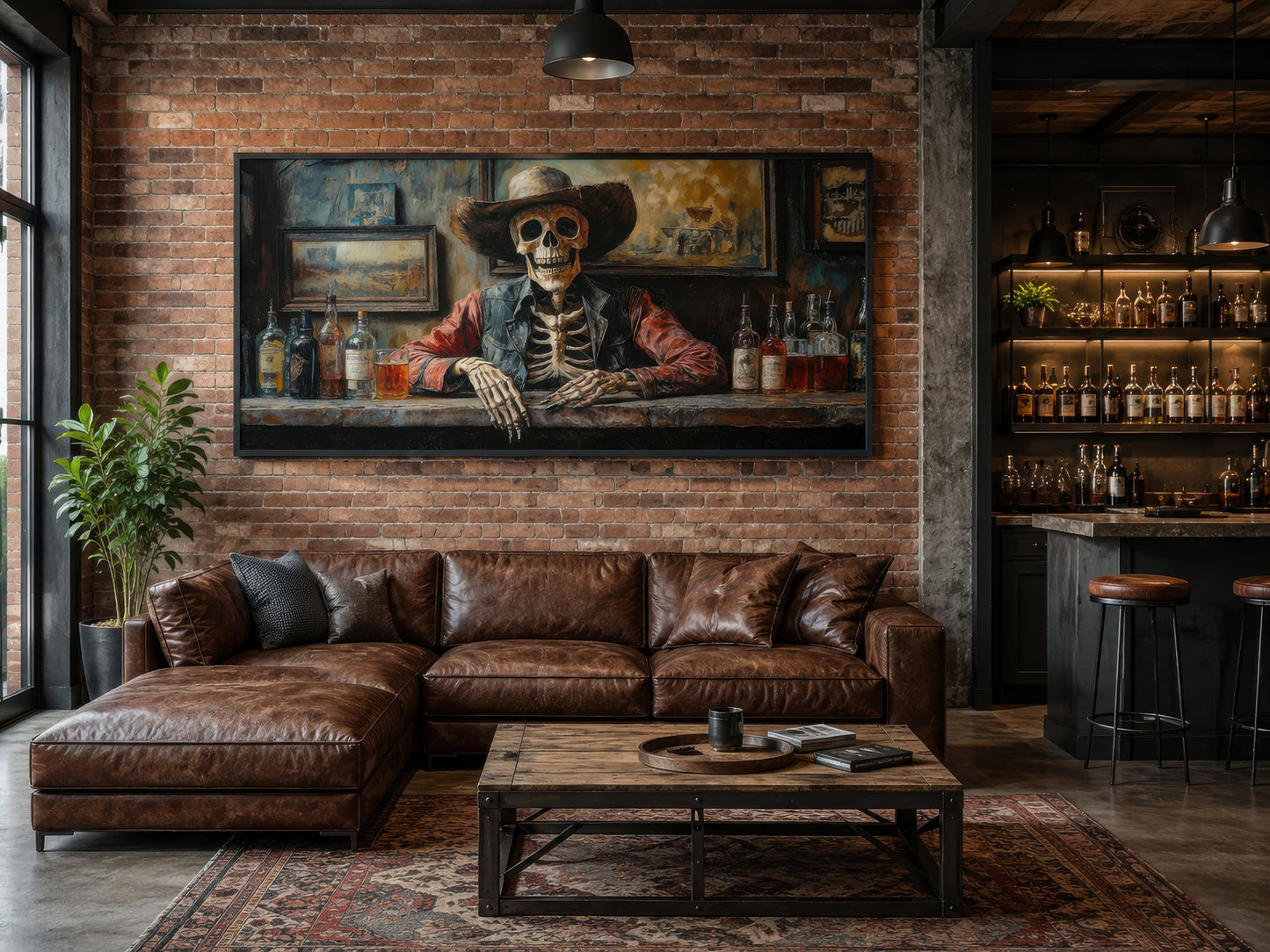 Skeleton Cowboy Barman At Western Saloon Framed Canvas Wall Art For Bar Wall Decor