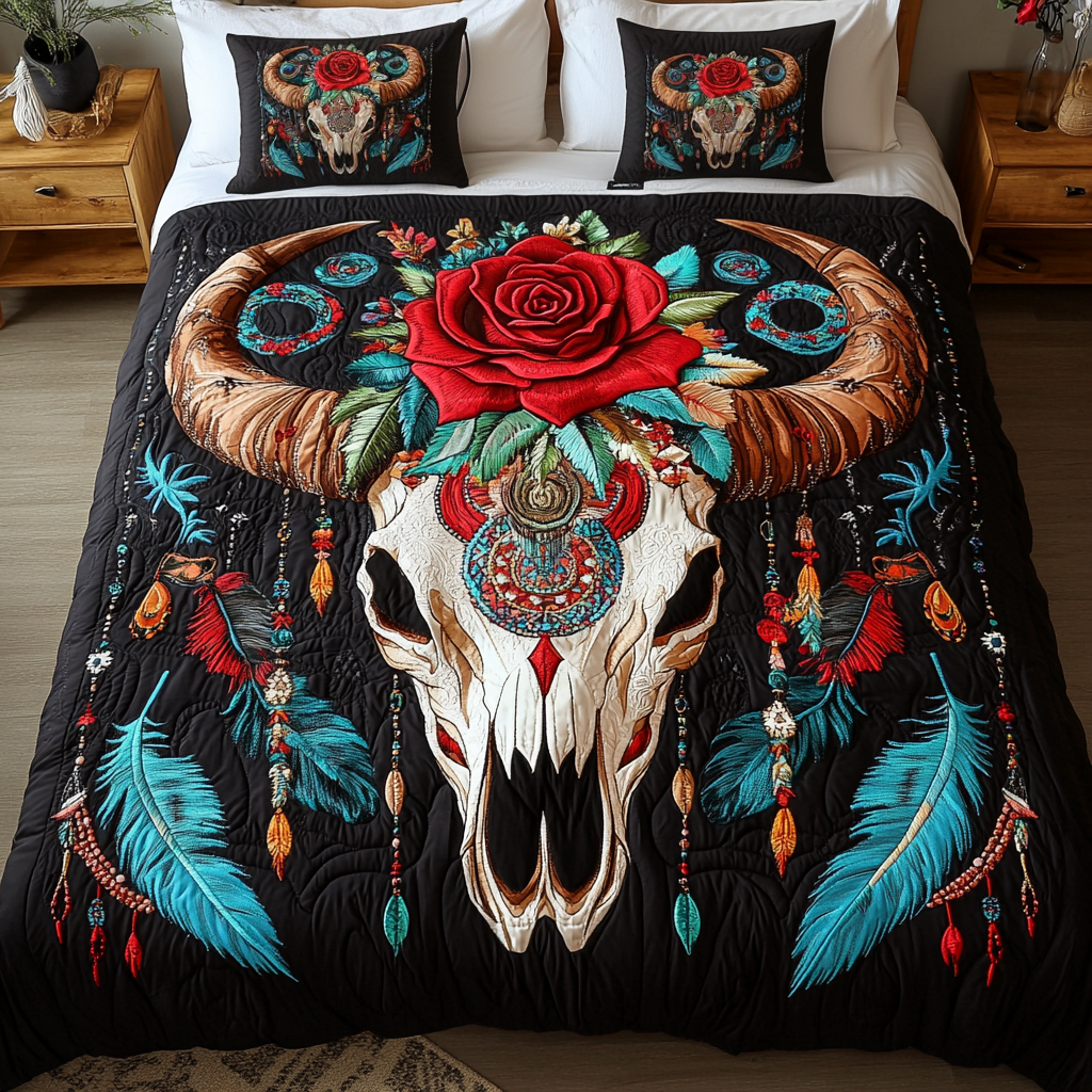 Skull Bloom 3-Piece Quilted Bedding Set - Single (59" x 70")