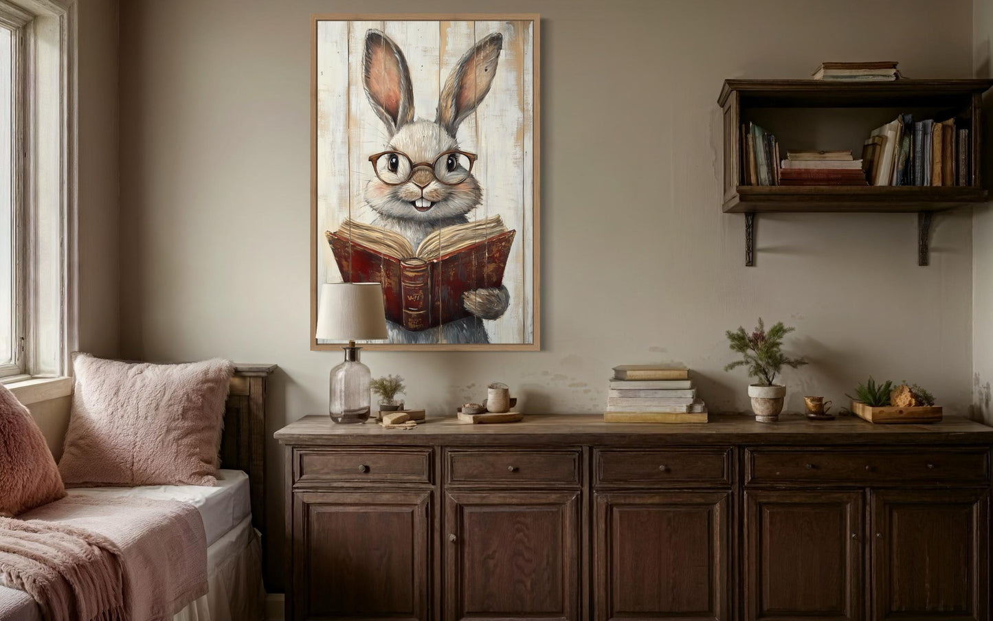 Smart Bunny Reading A Book Framed Canvas Wall Art