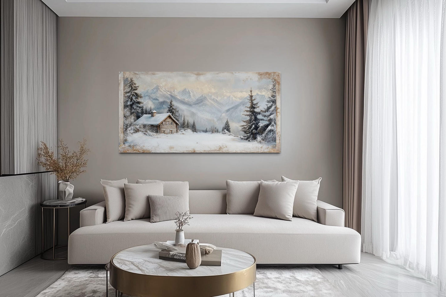 Snowy Mountain Cabin Art – Cozy Snow Scene Painting | Alpine Winter Canvas Wall Decor