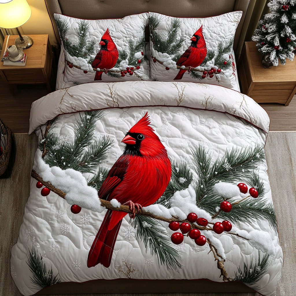 Snowy Cardinal Haven 3-Piece Quilted Bedding Set - Single (59" x 70")