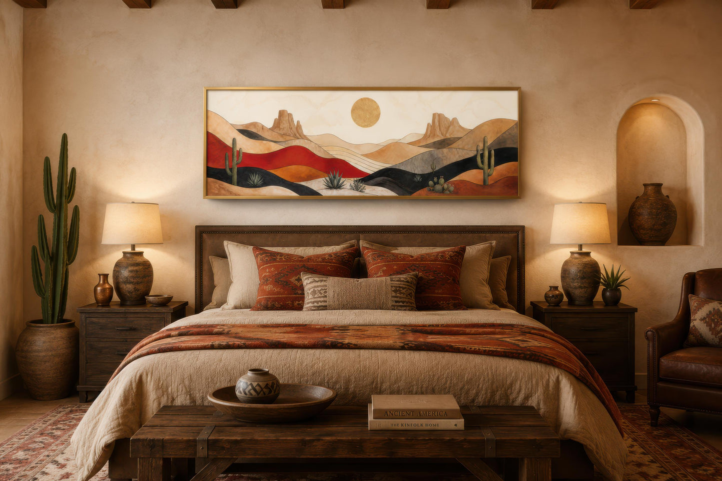 Southwest Desert Wall Art – Mid Century Modern Long Horizontal Canvas Print with Cactus