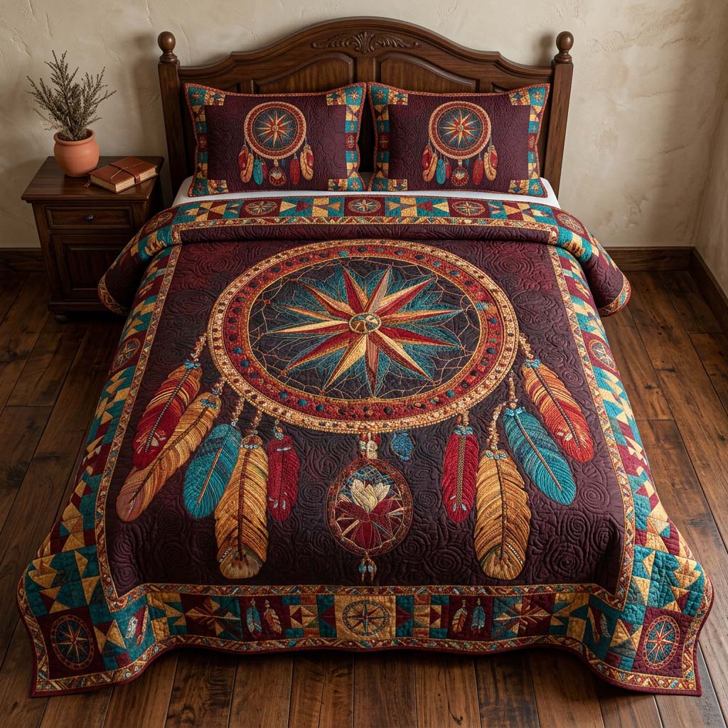 Southwest Compass Dreamcatcher 3-Piece Quilted Bedding Set - Single (59" x 70")