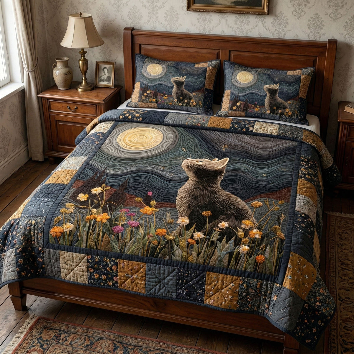 Starlight Cat Field 3-Piece Quilted Bedding Set - Single (59" x 70")