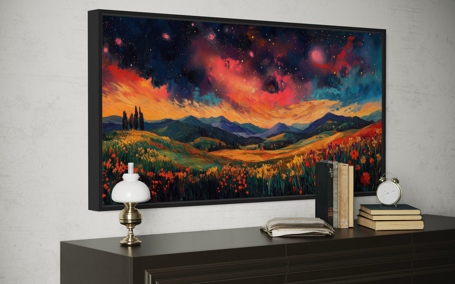 Starry Night Sky Over Wildflower Fields and Mountains Framed Canvas Wall Art
