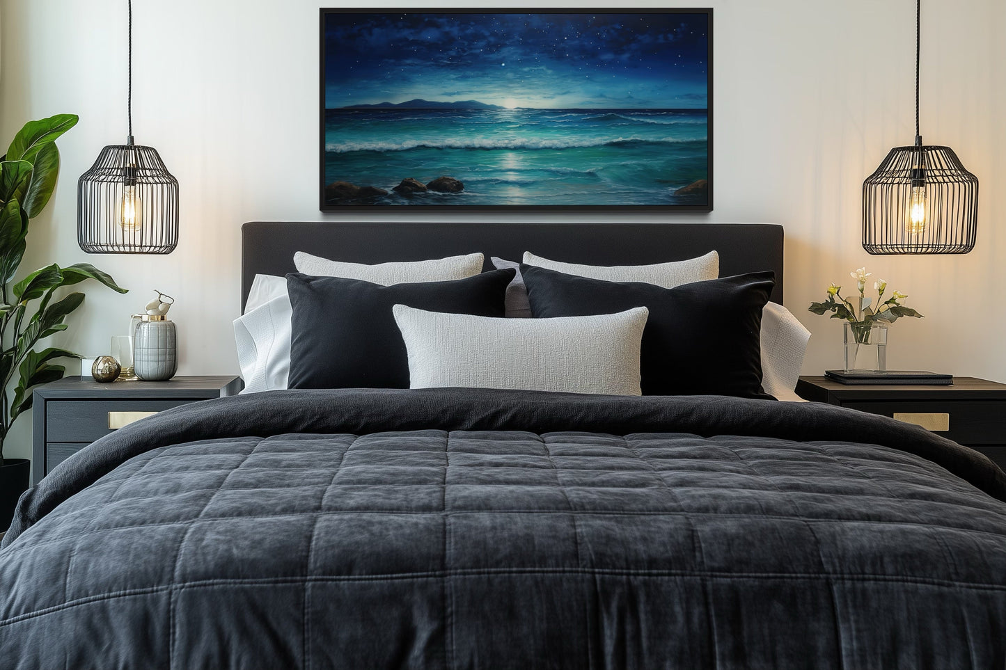 Starry Night Wall Art - Framed Canvas Coastal Ocean Beach Decor for Bedroom