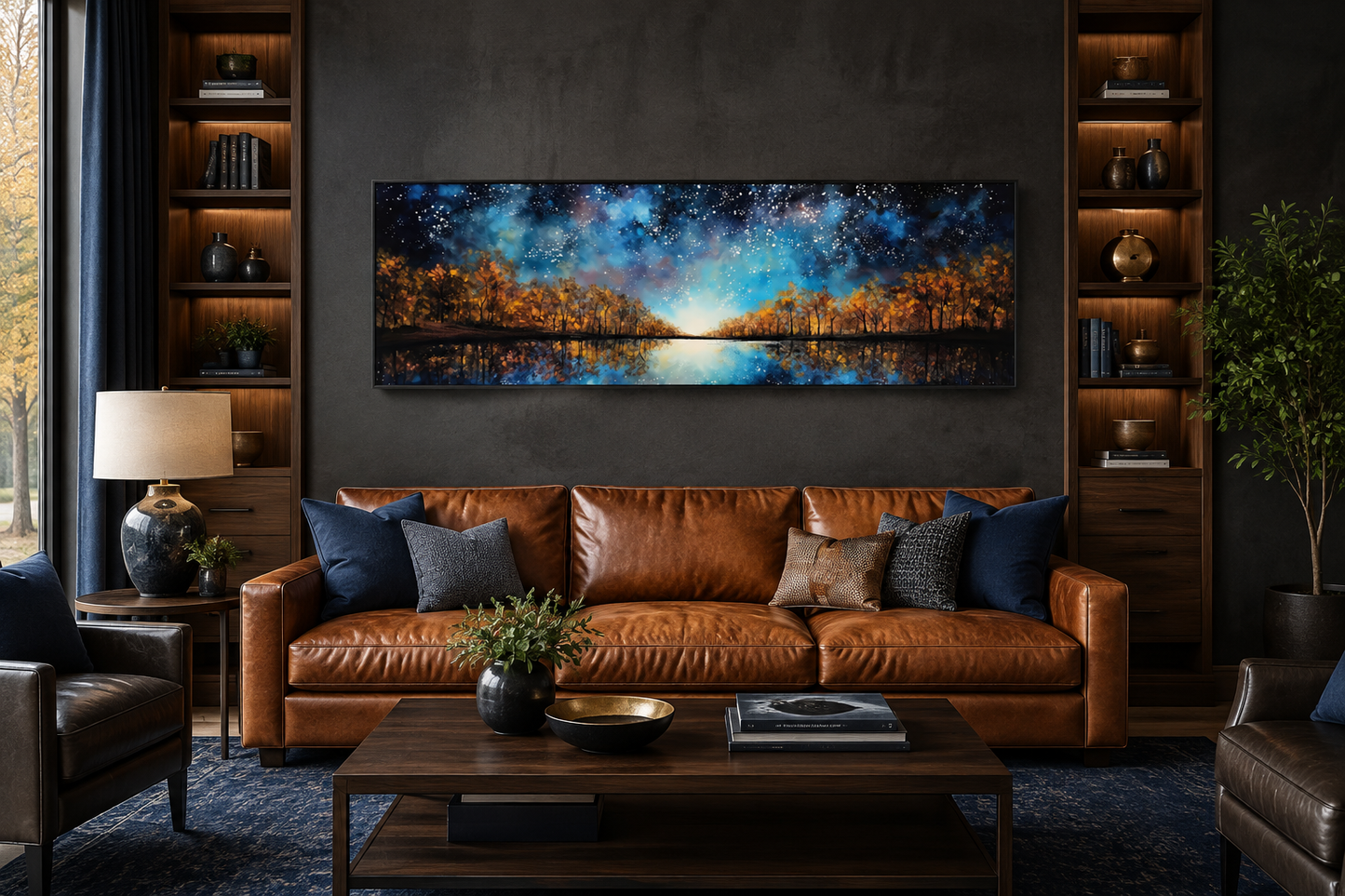 Starry Sky Over Autumn Forest And Lake Painting Framed Canvas Wall Art Above Mens Bed Decor