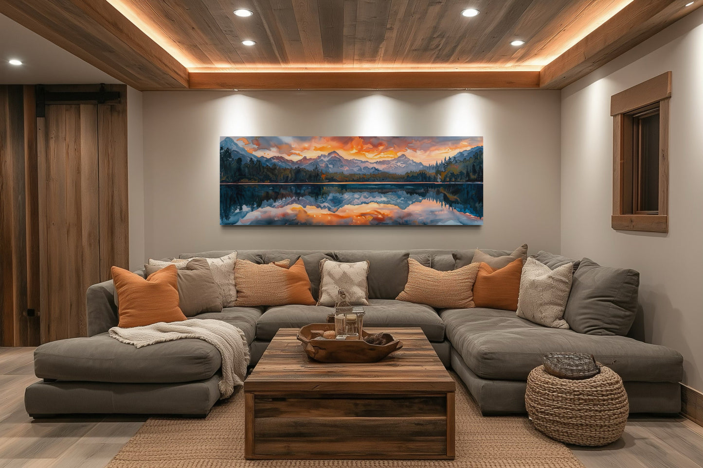 Sunset Over Mountain Lake Landscape Panoramic Framed Canvas Wall Art Above Bed Decor