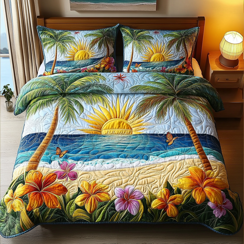 Sunset Blooms 3-Piece Quilted Bedding Set - Single (59" x 70")
