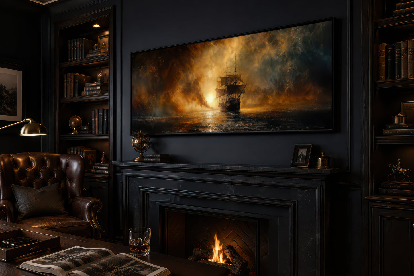 Sunset Sailing Ship Long Horizontal Gold Black Canvas Wall Art