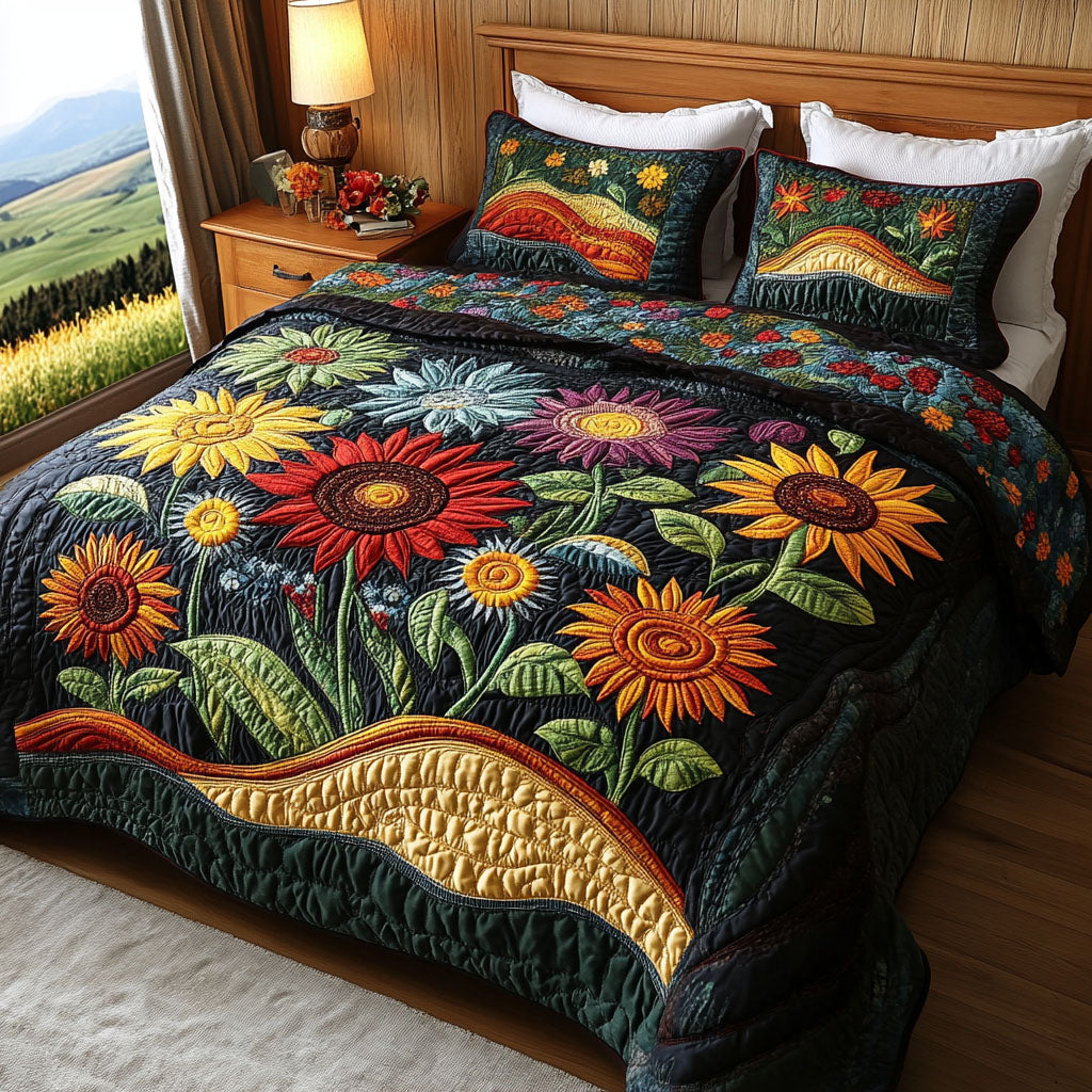Sunset Sunflower Magic 3-Piece Quilted Bedding Set - Single (59" x 70")