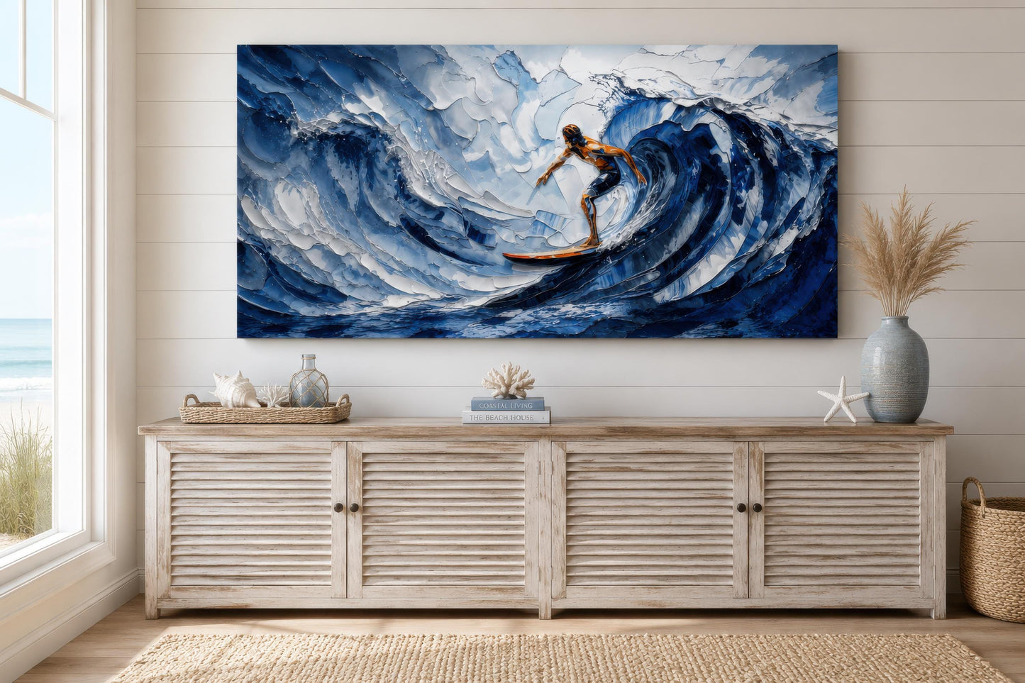Surfer Wall Art – Blue Ocean Wave Painting | Coastal Beach House Decor Canvas Print
